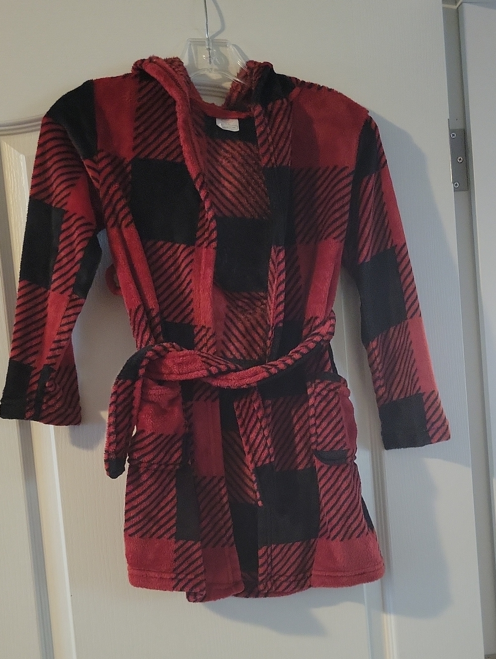 wonder nation Red and Black Plaid Plush Hooded Jacket with Belt
